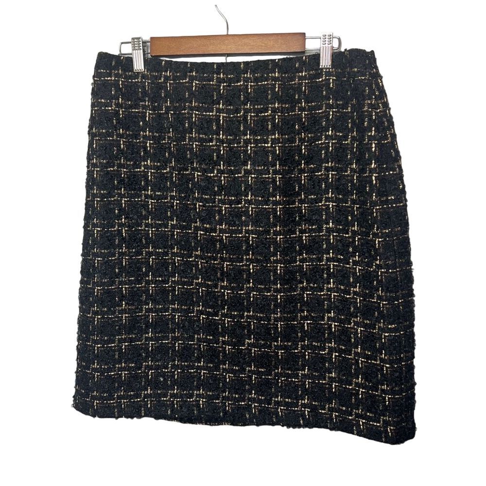 J. McLaughlin Black Gold Tweed Elm Pencil Skirt‎ Office Wear Size 14 Wool Mohair